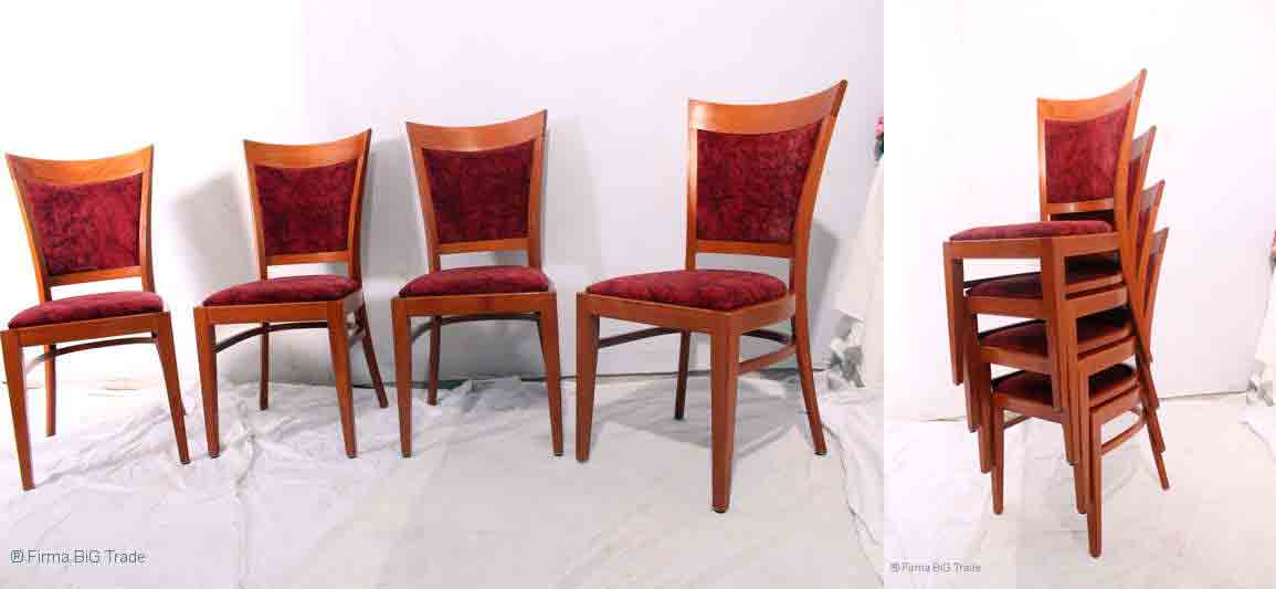 4 Formschöne Holzstühle Küchenstuhl Polsterstuhl Weinroter Bezug Stapelstühle 